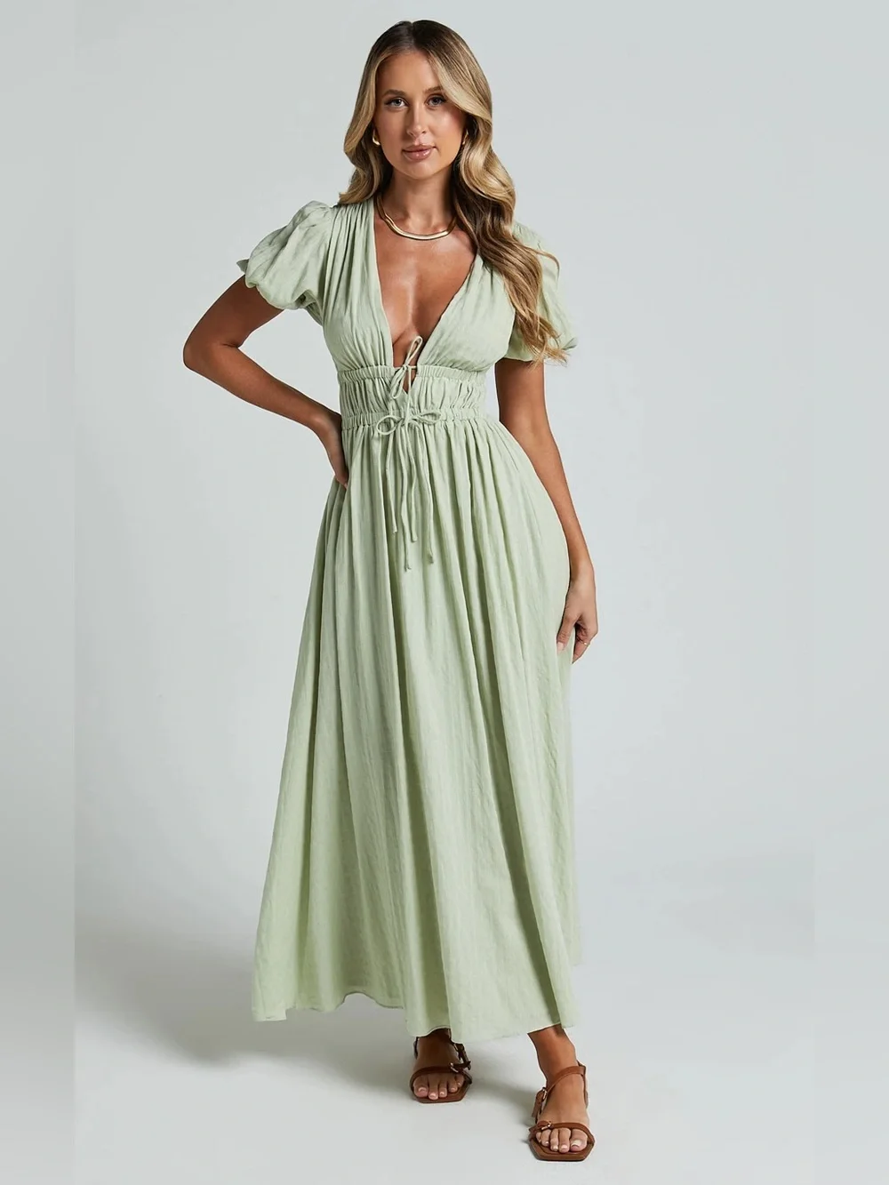 showpo sage green dress Showpo Off Shoulder Puff Sleeve Mini Dress Linen Cotton in Sage Green